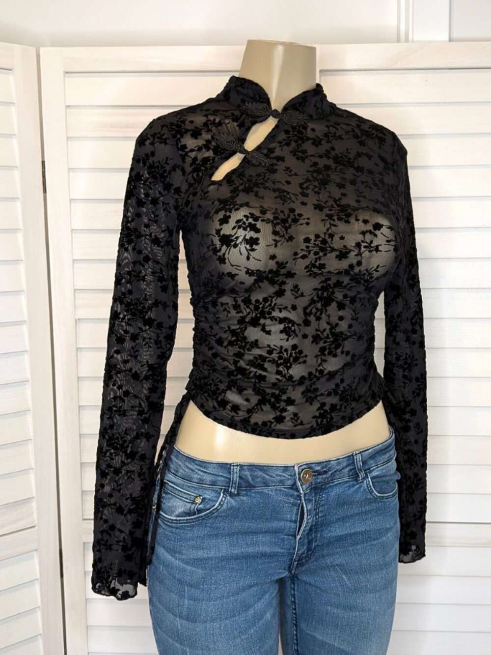 Chocolate USA Black Flocked Floral Mandarin Collar Ruched Top